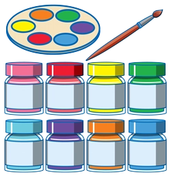 Paint bottles and crayons